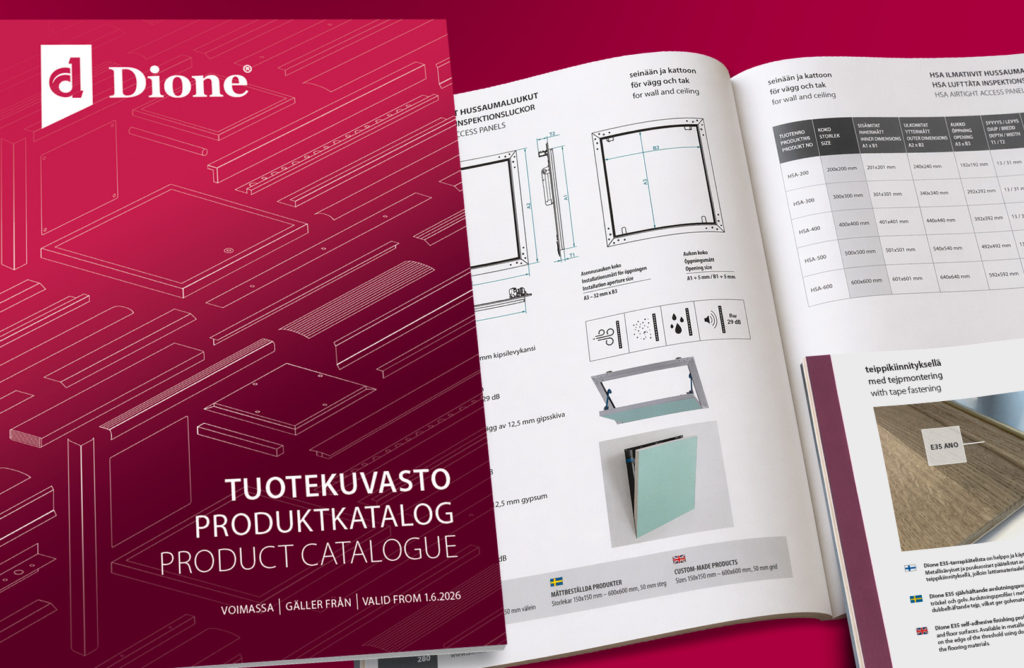Dione Product Catalogue 2026 cover and inside spread